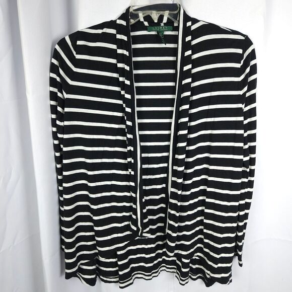 Lauren Ralph Lauren Womens Small Black White Striped Open Front Cardigan Sweater - Picture 1 of 6